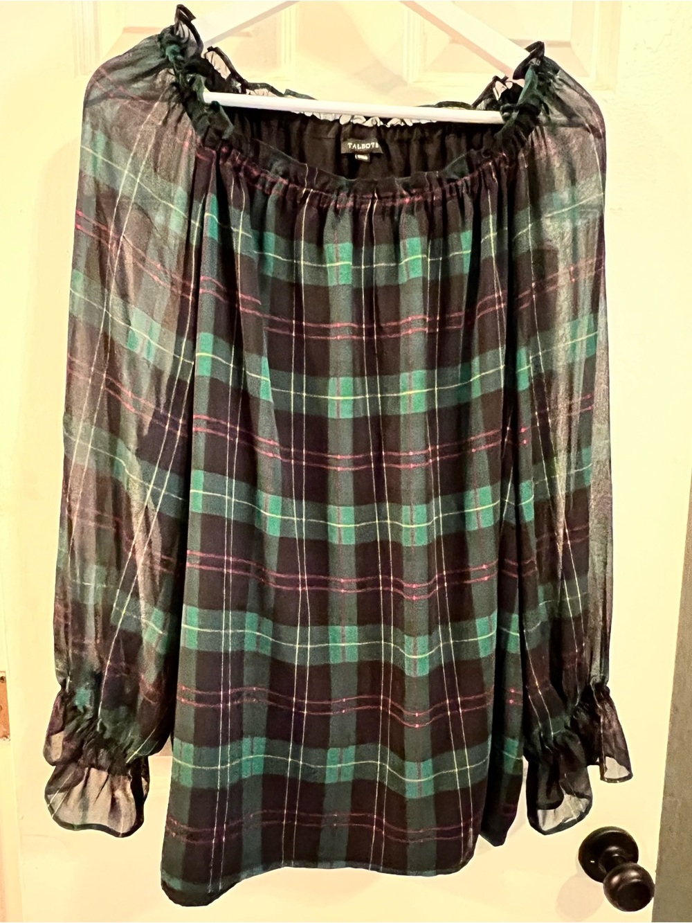Talbots Black and Green Plaid Off-Shoulder Blouse